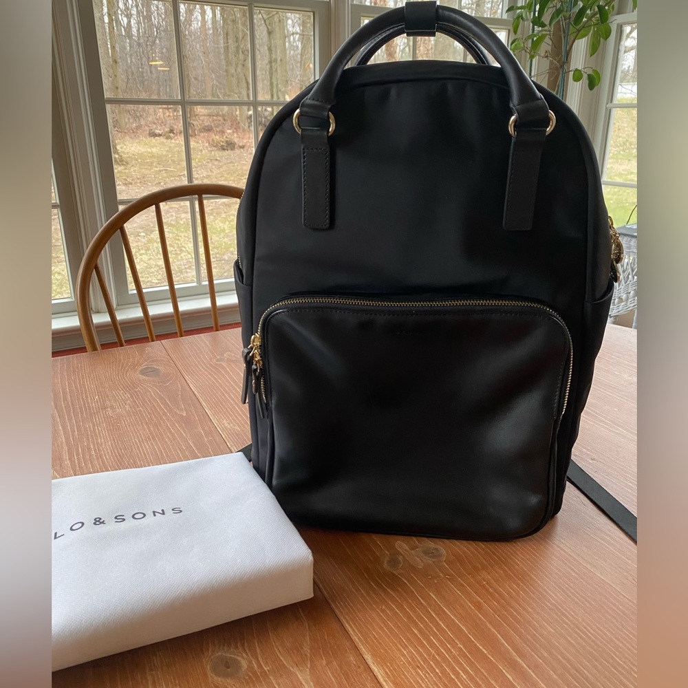 Lo & Sons Rowledge Backpack Large Black Exterior, Gold Hardware, Grey Interior